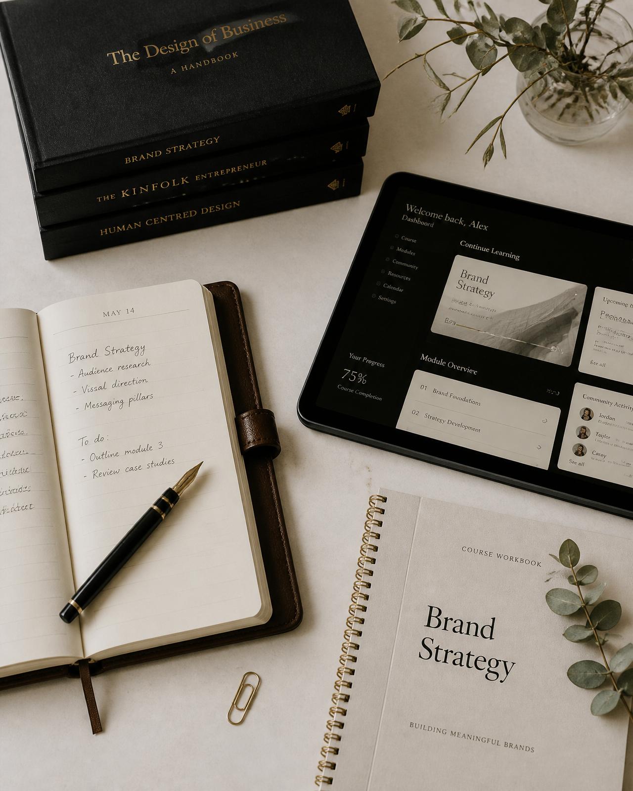 Editorial flat-lay of Inias Rise books, planners and a tablet displaying a course dashboard